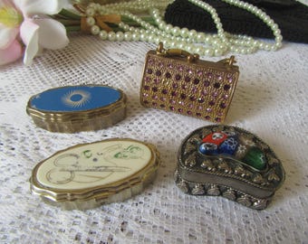 Vintage pill boxes. Choice of 4. Sewing Needle-case. Handbag design. Kidney shape. Blue swirl.