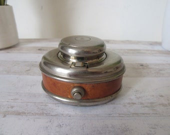 Antique naval military inkwell. Metal and  leather oval navy/nautical  dolphin & anchor marked lid. Desk/office decor. Collectible ink well.