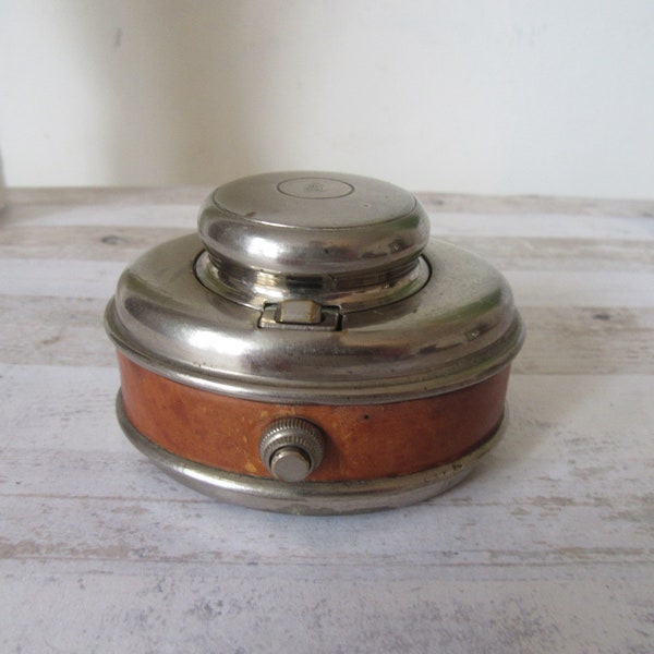 Antique naval military inkwell. Metal and  leather oval navy/nautical  dolphin & anchor marked lid. Desk/office decor. Collectible ink well.