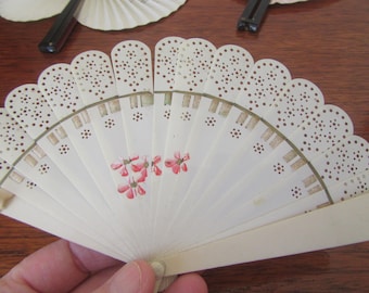 Vintage collection of folding hand fans. Choice of 3. Plastic with tag. Peoples republic of china orange blossom.  Pink- parrots & blossom.
