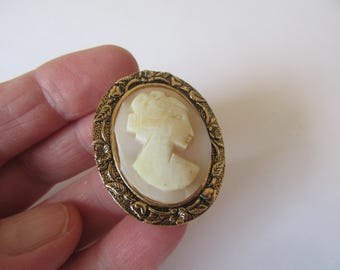 c1920 Italian hand-carved real shell cameo cabachon remounted in a new frame. Brooch and pendant fittings.