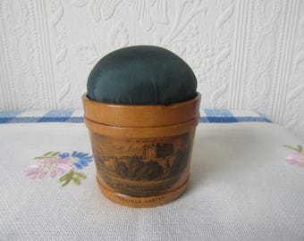 Mauchline ware "Carlisle Castle" pin cushion. Antique Treen peaseware collectible.