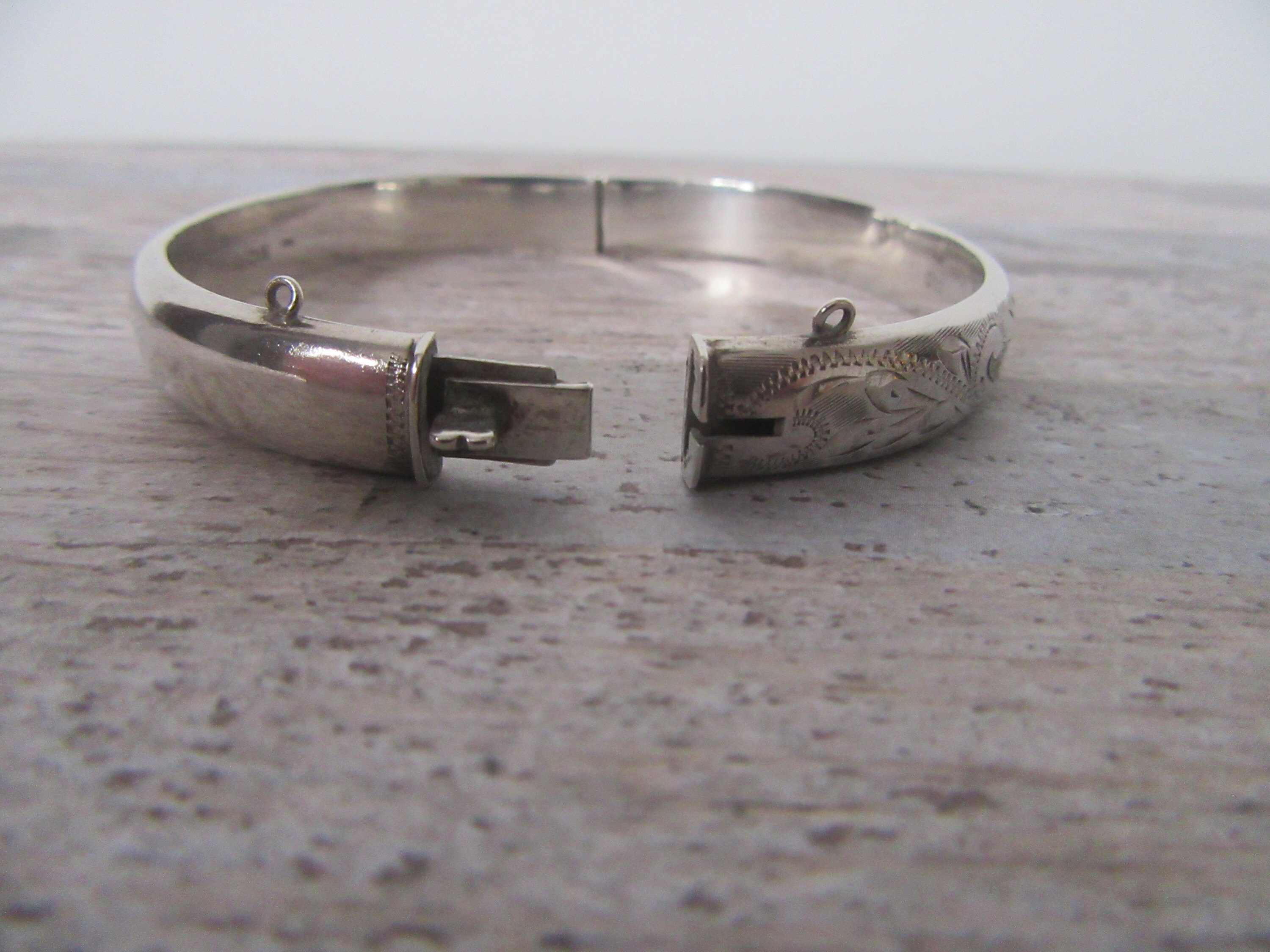 Solid Silver Bangle, Bracelet. Etched to One Half. K.V.J. Solid Silver Bangle, Bracelet. Etched to One Half. K.V.J.