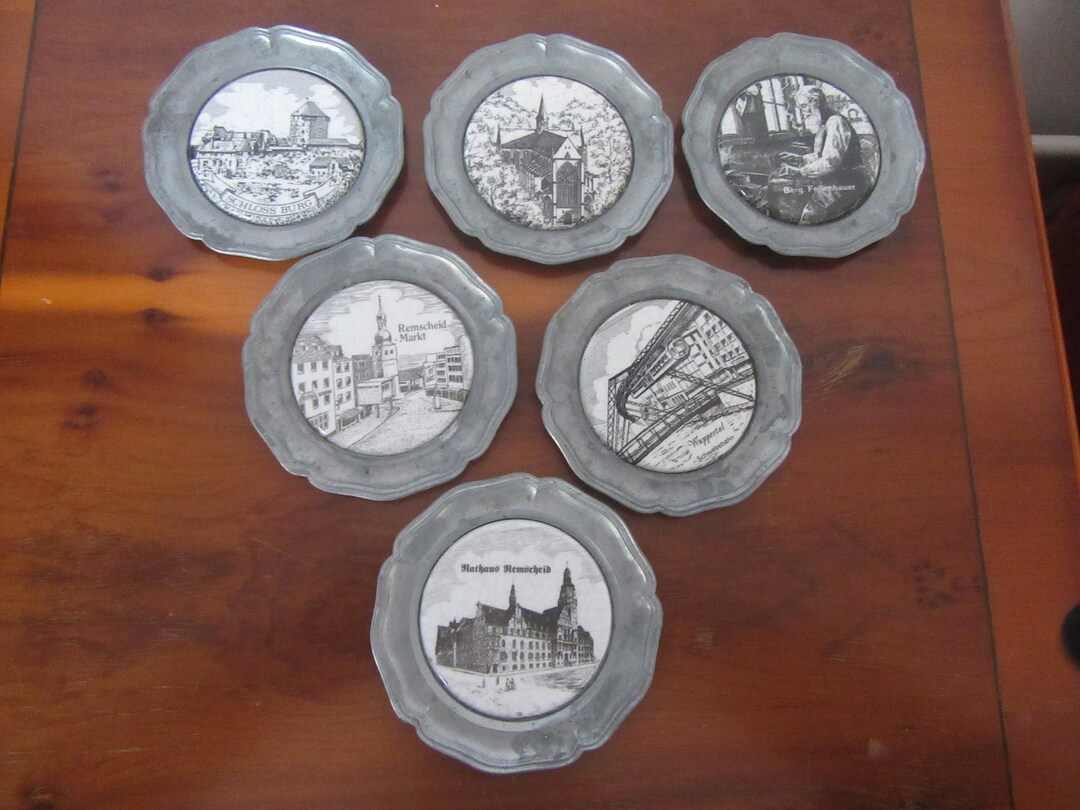 Set of 6 German Pewter Coasters,porcelain Decorated Centres Depicting ...