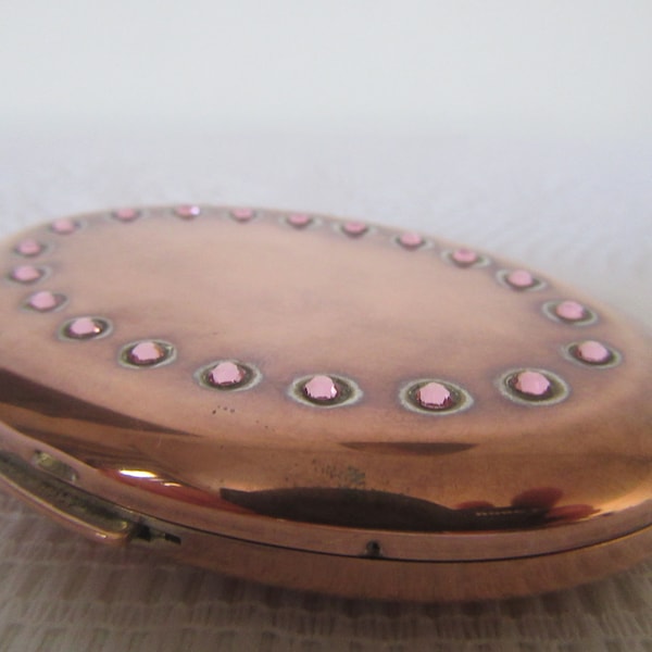 Vintage copper and silver plate,Swarovski crystals mirror compact,handbag folding vanity mirror.Swarovski marked inside with swan logo.