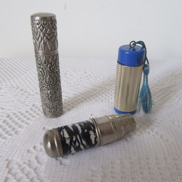 Vintage Etui needle cases. Black & white. Blue with tassle. Silver tone metal ornate decoration. Travel sewing kit. Collectible needlecase.