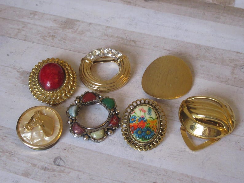 May include: Assortment of seven gold-toned brooches with various designs. One brooch features a red stone, another has a floral pattern, and another has a horse head design.