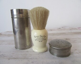 Vintage Ever Ready shaving brush No 12 in metal screw top container. Made in England. Sterilized pure bristle.