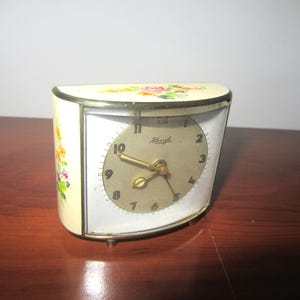 Vintage Rare Kienzle Art Deco 1930s travel alarm bedside,desk clock.decorative handpainted flowers top & sides, brass casing.## Not Working.