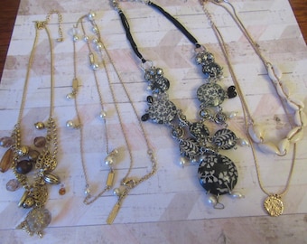 Vintage necklaces-choice of 4. L.K.Bennett faux pearls. Shells. Green & White beads. Gold-tone chains balls charms.