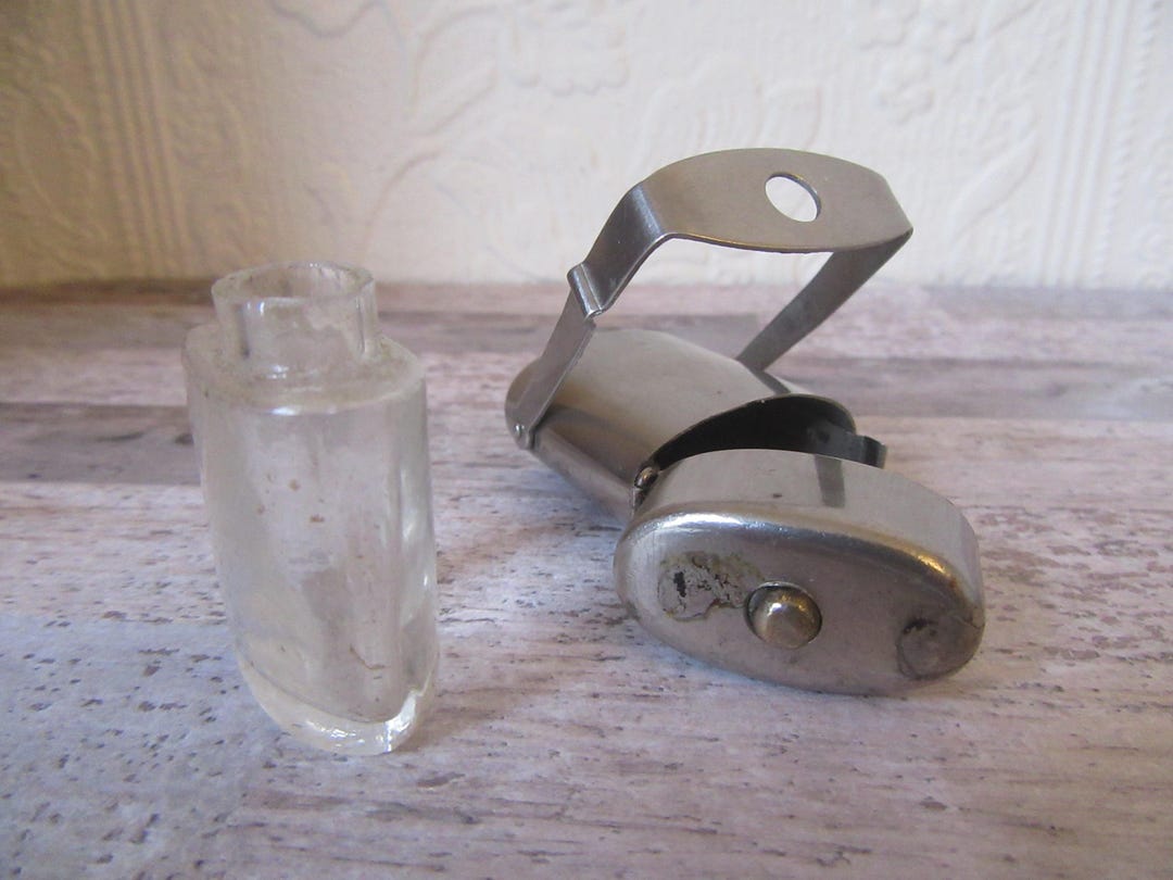 Spring Topper Lighter Antique Cased Glass Cologne Bottle, Flip Top Spring Opener. Silver Tone ...