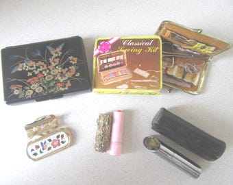 Vintage collectibles. Ring box. Lipstick holder. Sewing purse. Spray with case. Finger mirror.