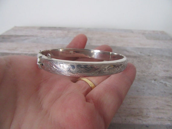 Solid Silver bangle, bracelet. Etched to one half… - image 8