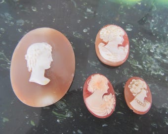 4 x Cameo shell cabochons for remounting, repurposing. Hand carved real shell cameos.