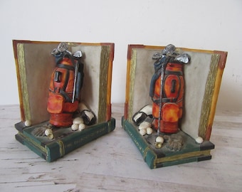 Pair of golf bag resin bookends/ornaments. Reverse image matching pair. Sport themed ornaments. Golfers gift.