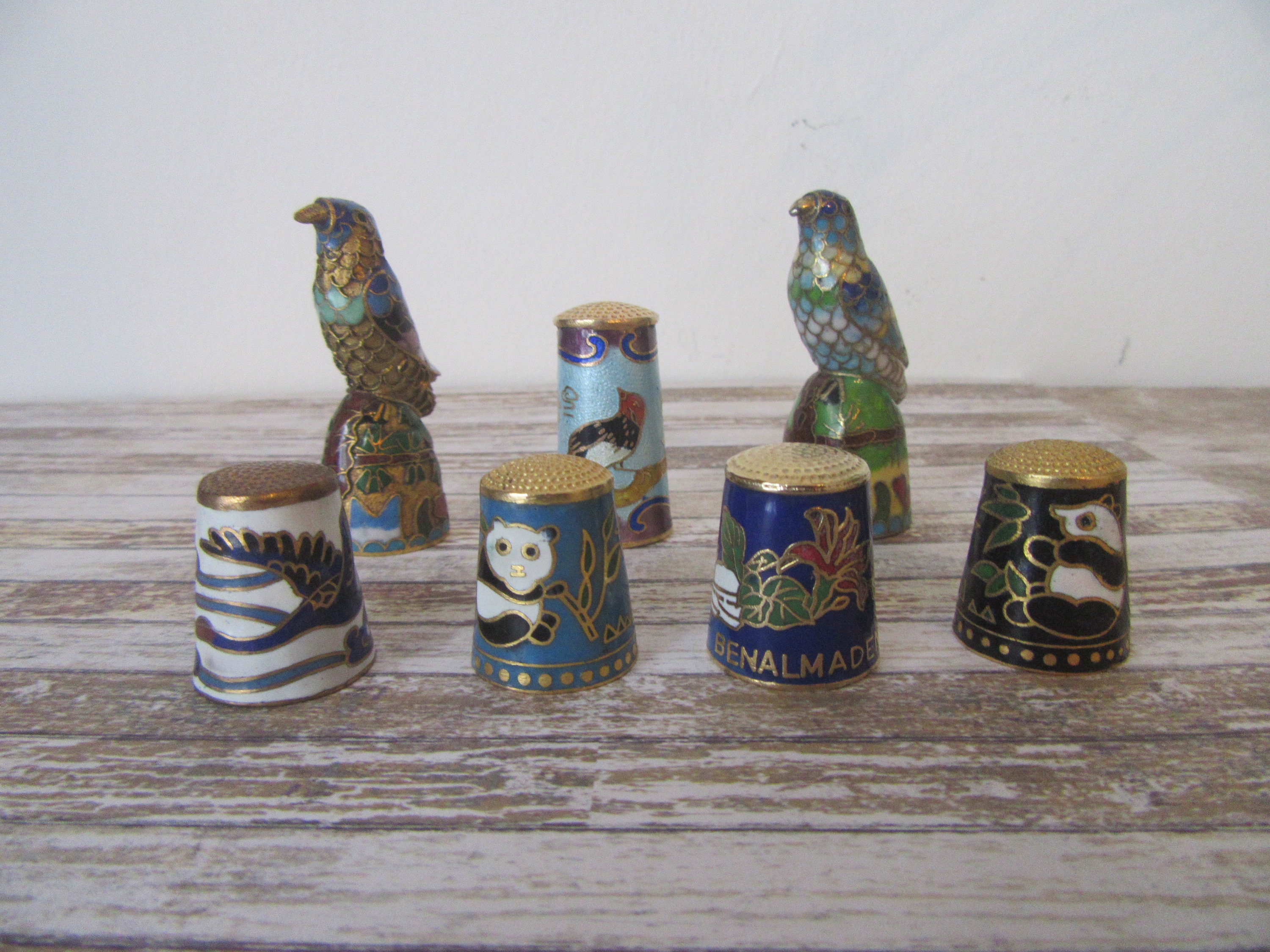 Cloisonne enamel thimbles. Choice of 7.  Birds. Pandas. Benalmadena. Collectible thimbles.