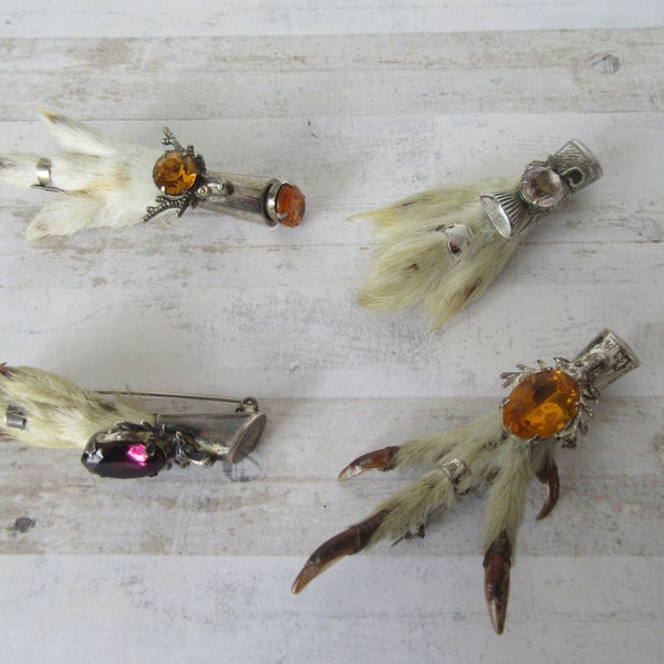 Choice of 4 grouse foot claw lucky charm pins Scottish brooches. Ward Brothers Glasgow Silver x3  Silvertone x1