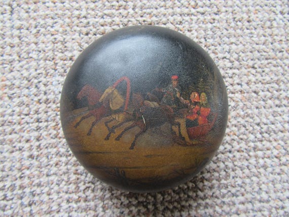 Rare Vintage large Fedoskino hand painted matt lacquered papier mache box. Crown Logo..Rare domed top matt finish. Jewellery/trinket box.