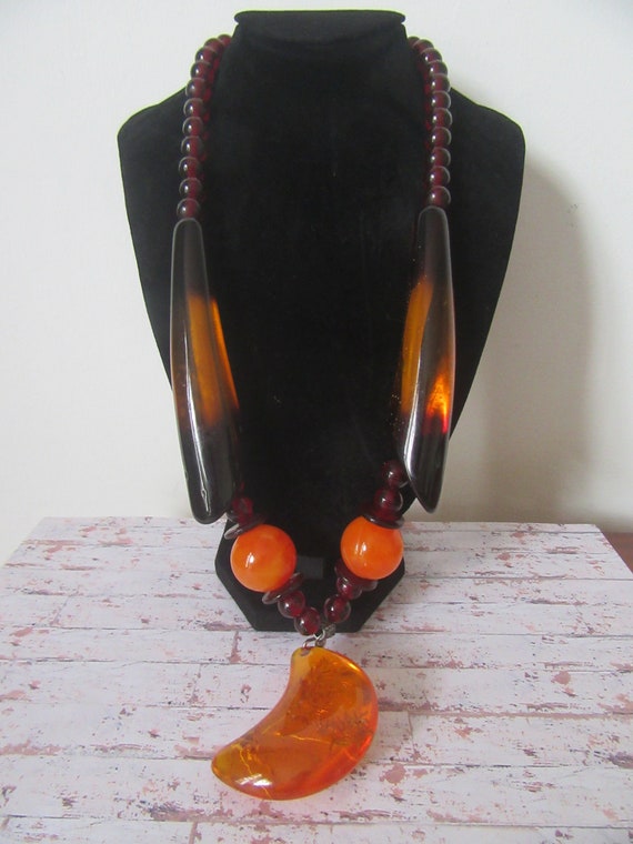 Vintage Chunky bright orange brown red moon pendan