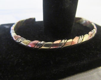 Copper,silvertone metal and brass bangle. 3 Tone metal bracelet.