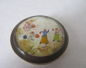 Antique handpainted on shell,middle-eastern scene, trinket,ring,pill box.Silver/nickel plated on brass.Mother of pearl on brass.
