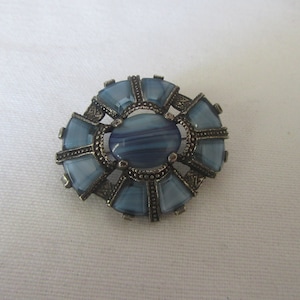 Vintage &quot;Miracle&quot; celtic,scottish brooch,Faux blue agate stones on silver metal.Shawl,cloak clip.