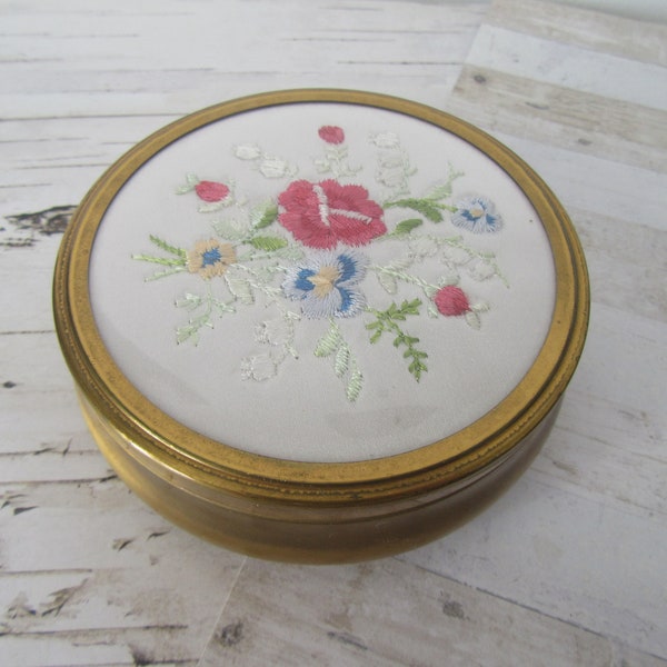 Vintage round embroidery work top trinket box. Bedroom dressing table decor. Jewellery box. Gold tone metal red velvet look lined.