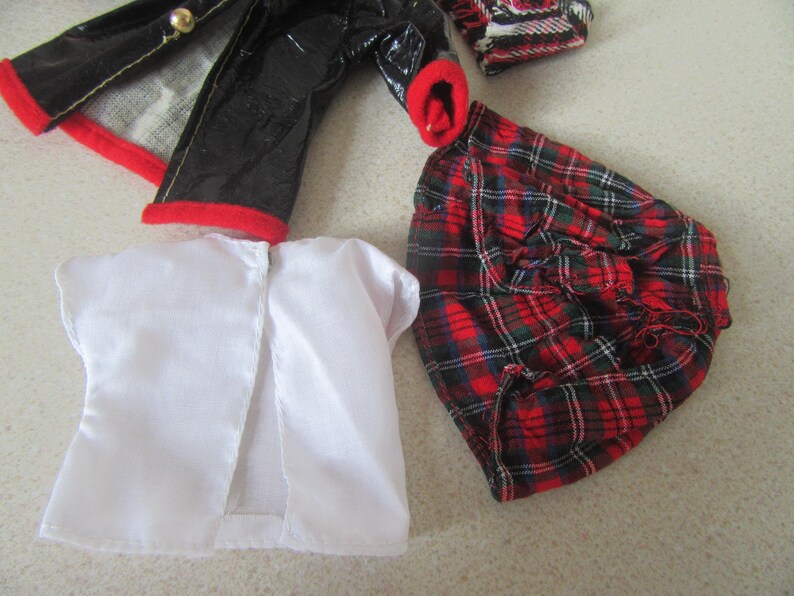 Sindy Doll Clothing. White Blouse, Tartan Skirt, Scarf and Black Wet