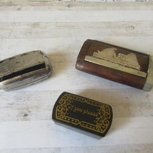 Antique-Vintage snuff boxes. Papier mache &quot;If you please&quot;  Wood & silver-tone metal with a ship La Jurassienne. Hinged silver tone metal.
