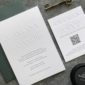 Emboss Wedding Invitation, Modern Letterpress Invite, Embossed Rsvp Details Card with QR code