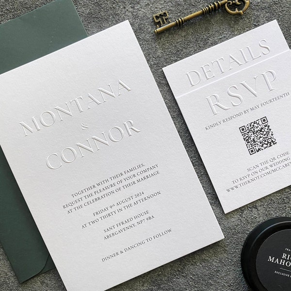 Geprägte Hochzeitseinladung, moderne Letterpress-Einladung, geprägte Rsvp-Details-Karte mit QR-Code