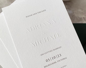 Blindprägung Save the Date, moderne Letterpress-Hochzeitseinladung, minimalistische Luxushochzeitseinladungen