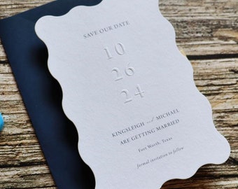 Wave Shape Emboss Save the Date Card, Romantic Embossed Wedding Announcement