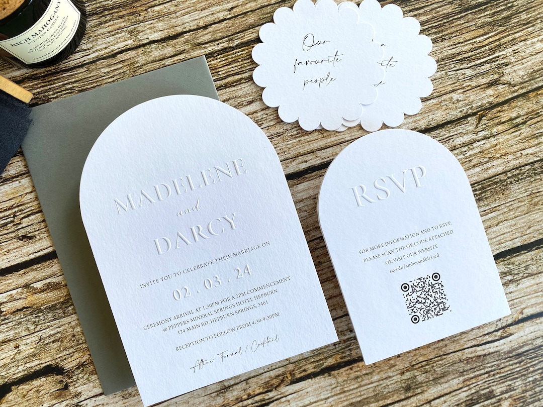 Minimal Arch Emboss Wedding Invitation, Modern Letterpress Arch Invite