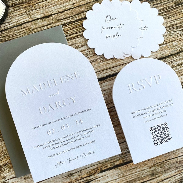 Minimal Arch Emboss Wedding Invitation, Modern Letterpress Arch Invitation, Arch Embossed Rsvp card with QR code, Circle Name Cards