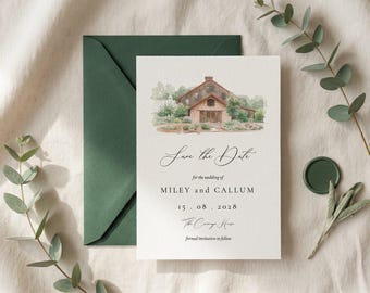 Watercolor Venue Save the Date, Custom Illustration Invitation, Personalized Wedding Card