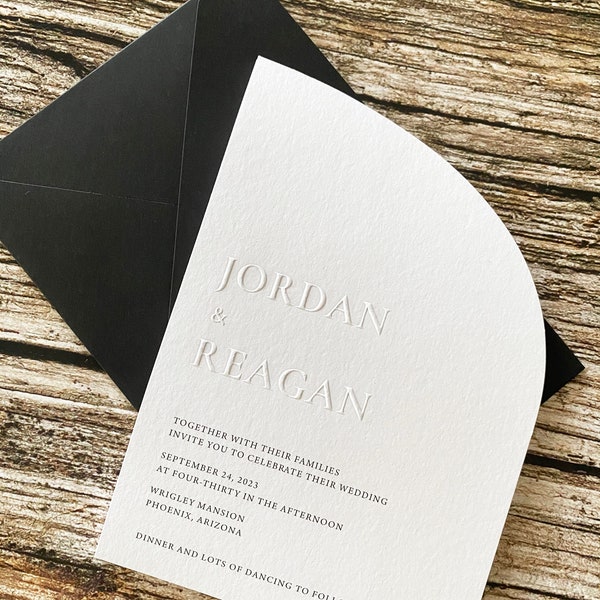 Minimal Emboss Wedding Invitation, Modern Letterpress Arch Invitation, Half Arch Embossed Wedding Stationery