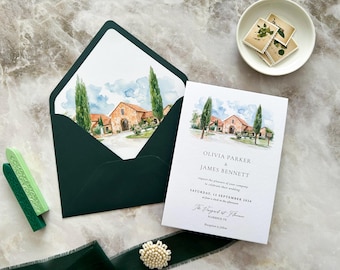 Custom Watercolor Venue Wedding Invitation, Venue Illustration with Envelope Liner Invite