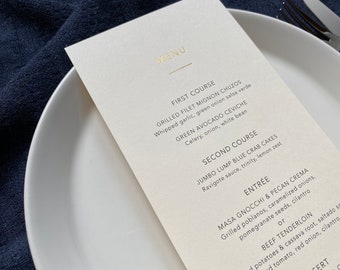 Gold Foil Wedding Menu, Minimalist Modern Dinner Table Decor