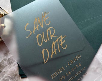 Frosted Acrylic Gold Foil Save the Date, Elegant Transparent Wedding Invitation