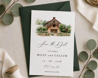 Custom Watercolor Venue Save the Date, Wedding Illustration Invitation