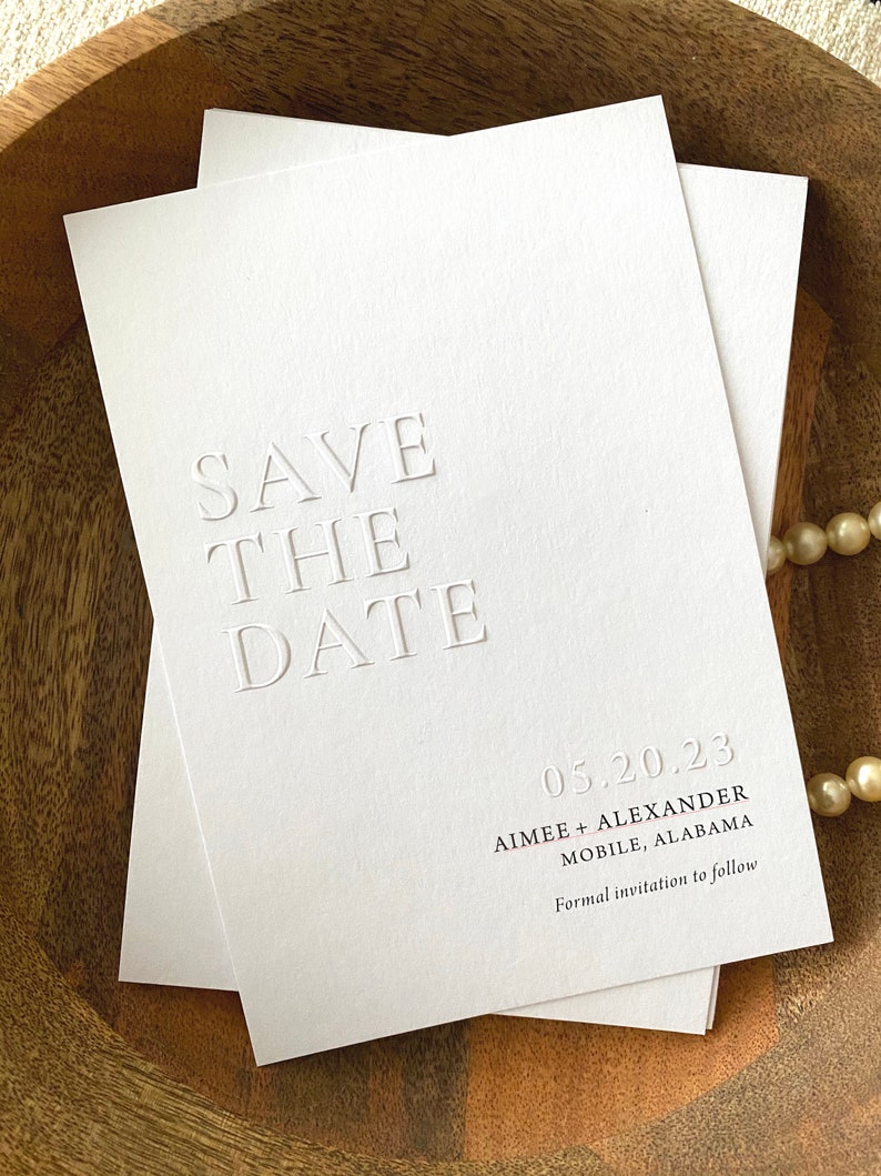 Emboss Save the Date Card, Printed Minimalist Letterpress Wedding Invitation, Blind Embossed Modern Invite image 4
