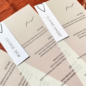 Personalized Vellum Wedding Menu with Guest Name Tag