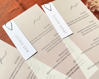 Personalized Vellum Wedding Menu with Guest Name Tag