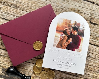 SAMPLE ONLY, Arch Emboss Save the Date Card with Couple's Photo