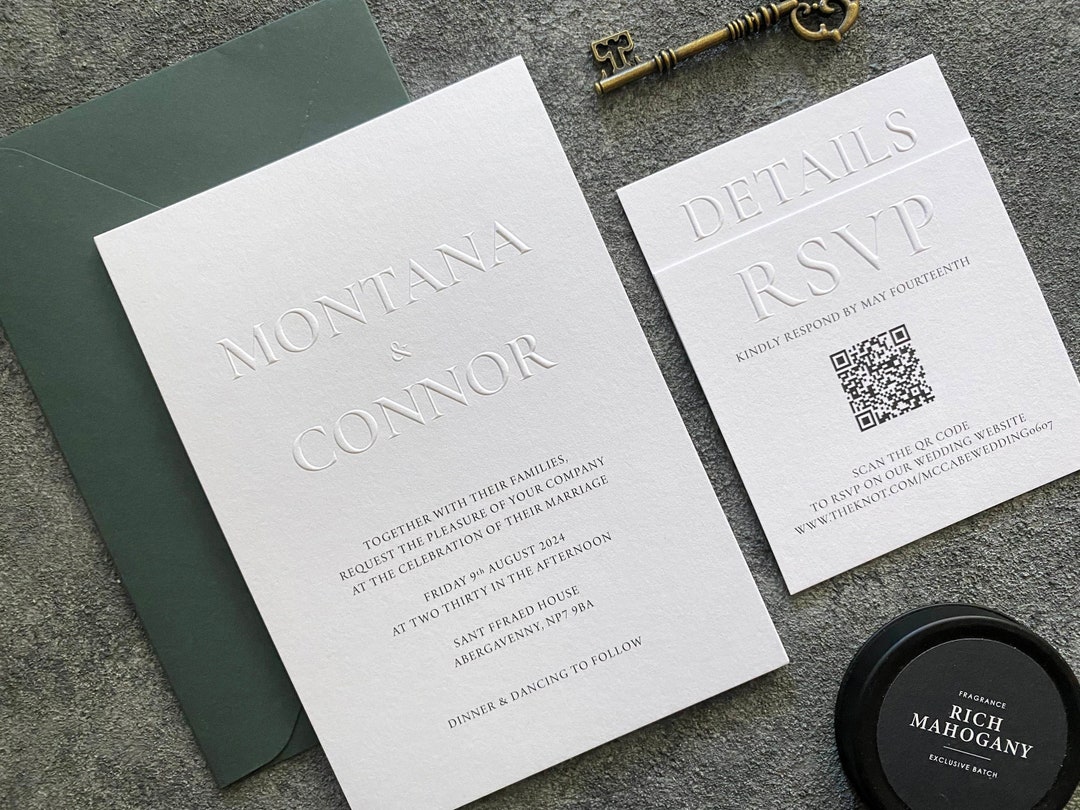 Emboss Wedding Invitation, Modern Letterpress Invite, Embossed Rsvp