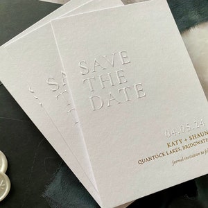 Blindprägung mit Goldfolie Save the Date Karte, Gedruckte Moderne Minimal Letterpress Hochzeitseinladung, Luxus Geprägte Moderne Save the Date