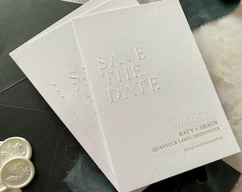 Blind Emboss with Gold Foil Save the Date Card, Printed Modern Minimal Letterpress Wedding Invitation, Luxury Embossed Modern Save the Date