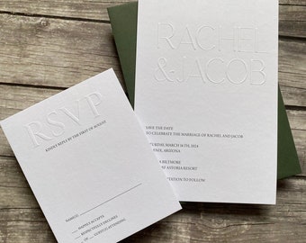 Minimalistische Hochzeitseinladung mit Blindprägung, moderne Einladung im Buchdruck in Schwarz und Weiß, luxuriös geprägte Hochzeitseinladungen