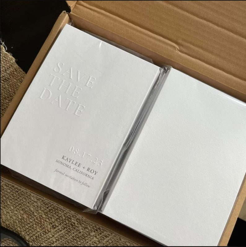 Emboss Save the Date Card, Printed Minimalist Letterpress Wedding Invitation, Blind Embossed Modern Invite